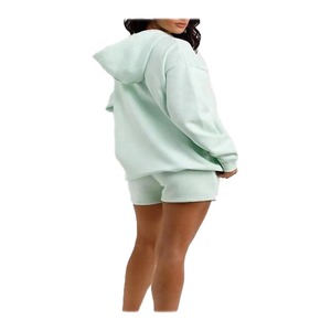 Conjunto de 2 Piezas para Mujer, Sudadera con Capucha y Pantalones Cortos, Color Verde Menta, Corte Holgado Informal, Felpa, Color Sólido, Uso Diario, Primavera/Verano - Product Image 4