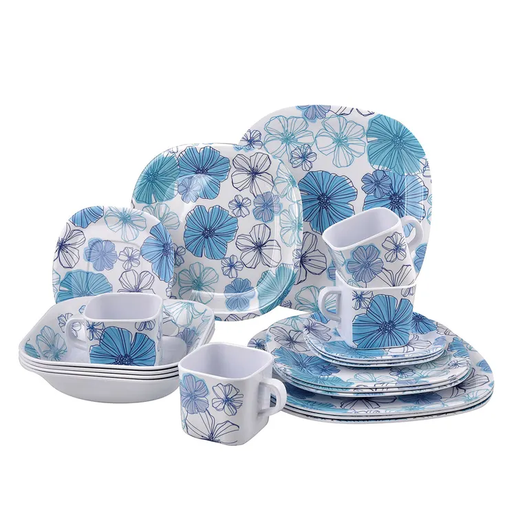 Цветочный дизайн, набор кухонной посуды из меламина для отеля, хорошее качество, синие столовые сервизы