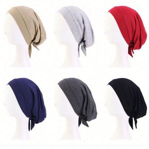 Factory Wholesale Pre-<b>tied</b> With Satin Lining Soft Cotton Hair Care Headscarf Solid Color Turban Unisex Headwraps - Product Image 3