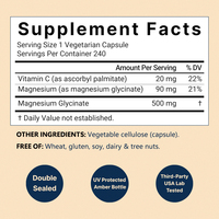 Capsules de glycinate de magnésium végétalien à marque privée 500 mg avec vitamine C, formule non-OGM