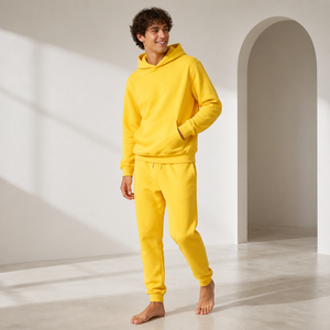 Premium Vibrant Yellow Long Two Piece Autumn Casual Fleece <b>Hoodie</b> Jogger Set Custom Logo Support Urban Streetwear Fashion - Product Image 1