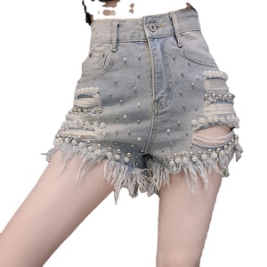 Nuovo arrivo Shorts Hot Pants in Denim a vita alta una linea Sexy Cut-out strappati con perline <span class=keywords><strong>pantaloncini</strong></span> <span class=keywords><strong>di</strong></span> <span class=keywords><strong>Jeans</strong></span> da donna - Product Image 1