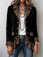 Veste décontractée en velours côtelé pour femme, imprimé léopard, col à revers et ourlet patchwork, col cranté, simple boutonnage, manches longues, ourlet à volants