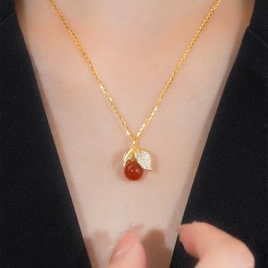 Titanium Steel Red Agate Necklace With Leaf Pendant For Women Clavicle Chain Gift Jewelry Fashion Pendant Necklaces - Product Image 1