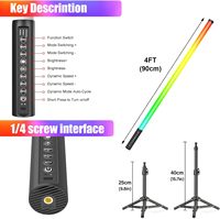 Lampu LED RGB Tube Bar 2-Pack 5W 90cm (3Ft) dengan Remote Control 2.4G, Baterai 5000mAh, dan Stand untuk Fotografi & Tari