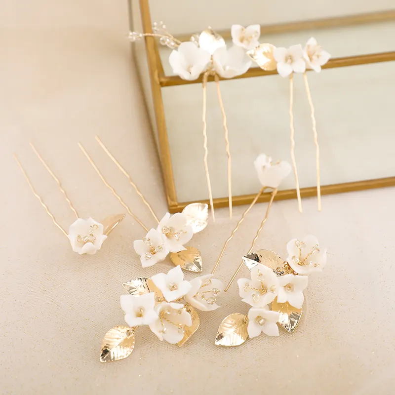 Women Light Gold Color Bridal Hair Pins Wholesale Ceramic Flower Wedding Earrings Jewelry Sets For Woman