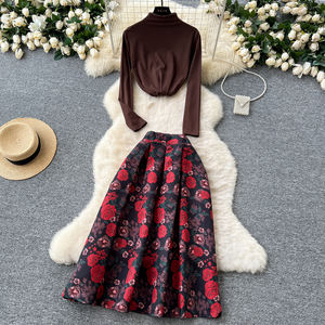 Set Vintage 2 pezzi per donna Top e vita alta gonne sottili Set di abbigliamento all'ingrosso - Product Image 3