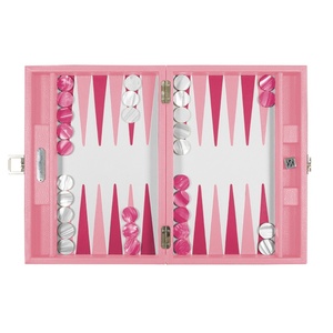 Mesa de backgammon de viaje rosa claro, incrustaciones interiores de cuero, Shesh Besh Nard, corrector de acetato, piedras, juguete, juego informal, caja de regalo - Product Image 1