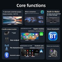 Écran CarPlay portable de 11,26 pouces, Android Auto sans fil, caméra de tableau de bord 4K à double objectif, autoradio avec caméra de recul, navigation GPS