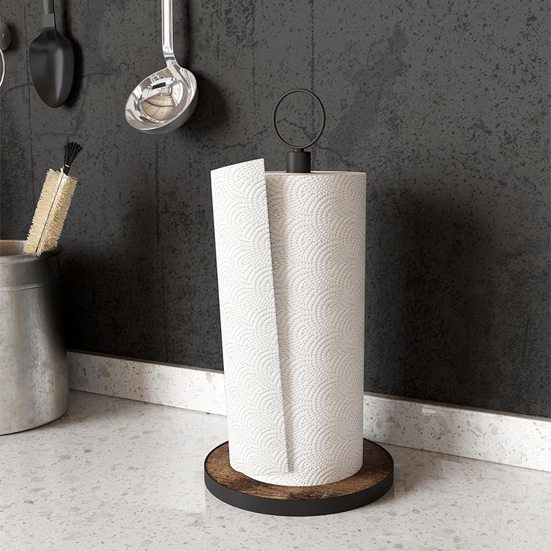 Factory Wholesale Paper Towel Holder Countertop With Heavy Duty Wood Base Paper Towel Roll Stand Kitchen Countertop Storage Rack