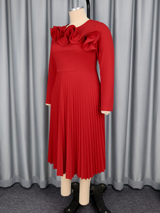 AM050710 autunno elegante 3D manica lunga con volant impero una linea plissettata Plus Size rosso Midi formale abito Casual da donna - Product Image 5