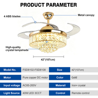 Ventilateur de plafond LED invisible personnalisable en usine, en fer et cristal, 42 pouces, 40W, 3CCT, dimmable, pour salon et chambre à coucher