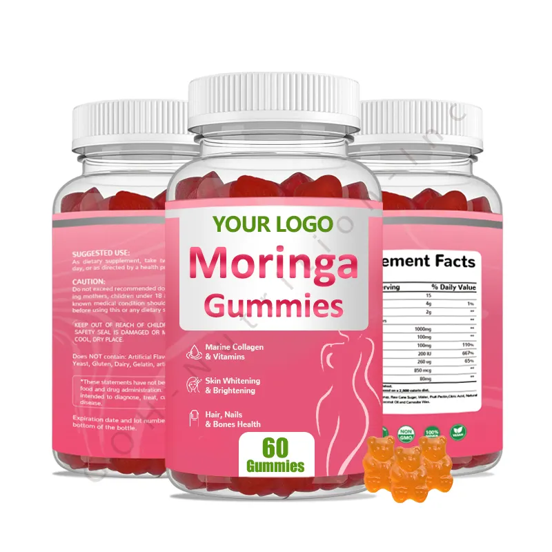 Saç büyüme için kollajen Vegan bitkisel Moringa özü Gummies ile GOH OEM özel etiket Moringa Gummies