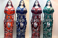 Robe Longue Africaine Décontractée en Coton à Manches Courtes Ample pour Femme Imprimé Motif avec Ensemble Foulard et Boubou Orné de Diamants