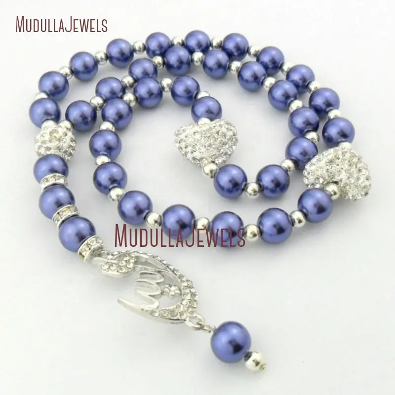 Perles de prière musulmane, Allah MU14423, chapelet pour cadeau de l'aïd, perles de bleu foncé, argent, cœur, perles de prière islamique, tasbeh, Tasbih
