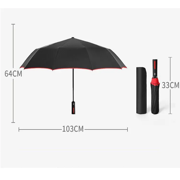 Hoge Kwaliteit 27 Inch Auto Open Al Schacht Custom Logo Print Zwart Rood Rand Handvat 3 Opvouwbare Paraplu Voor Regen