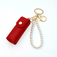Joli porte-rouge à lèvres en cuir PU avec porte-clés en perles, breloque de sac, porte-rouge à lèvres portable, porte-clés de voiture pour femmes et filles