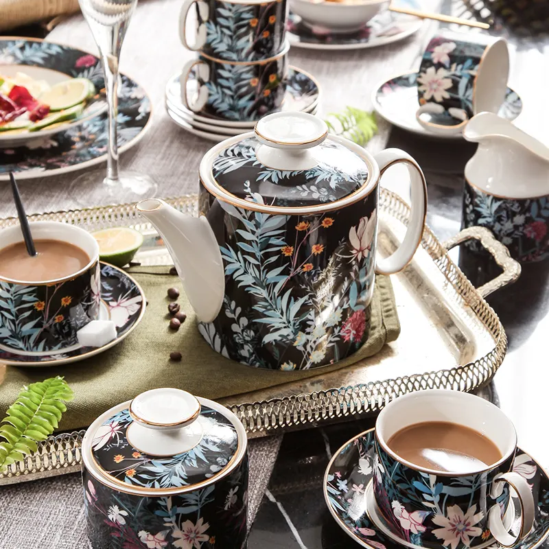 Wholesale Flower Sugar Pots Porcelain Tea Cup Set 15pcs Luxury Ceramic Tea Sets With Teapot