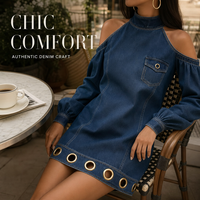 Robe Courte en Jean à Col Halter et Épaules Dénudées pour Femme - Robe en Jean Sexy à Manches Longues Bouffantes avec Œillets Dorés - Bleu Foncé Élégant