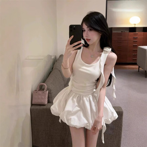 White Halter Neck Vest <b>Dress</b> For Women <b>Elastic</b> Waist A Line Skirt Breathable Daily Casual Style - Product Image 1