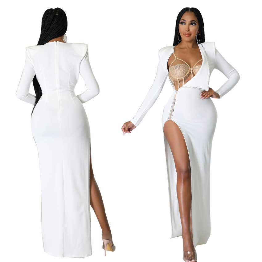 Fashionable Rhinestone Decoration Side Slit Nightclub Dress Long Sleeve Solid Color Bodycon Dress Women Party Dresses