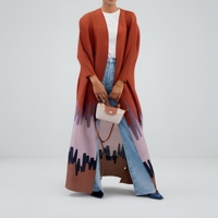 Direkt vom Hersteller Schnelle Lieferung Modest Fashion Damen Fein Plissierter Maxi-Cardigan Farbblock Geometrisches Muster Offene Vorderseite Abaya