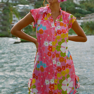 Robe chemise boutonnée à volants, imprimé hawaïen, design OEM, sur mesure, en lin et coton doux. - Product Image 4