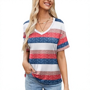 <b>Women's</b> Summer <b>Tops</b> Short Sleeve Casual Shirts Trendy V-Neck Striped Tee Fashionwear 100% Cotton 180 GSM OEM Manufactured - Product Image 1
