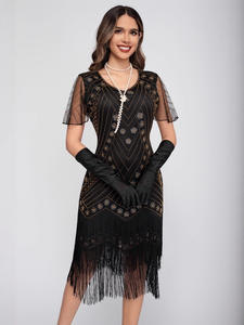 Europeo americano Retro 1920 Gatsby vestido <span class=keywords><strong>de</strong></span> baile lentejuelas borla con cuentas manga corta A-Line <span class=keywords><strong>fiesta</strong></span> silueta <span class=keywords><strong>para</strong></span> <span class=keywords><strong>Amazon</strong></span> Cross Border - Product Image 6