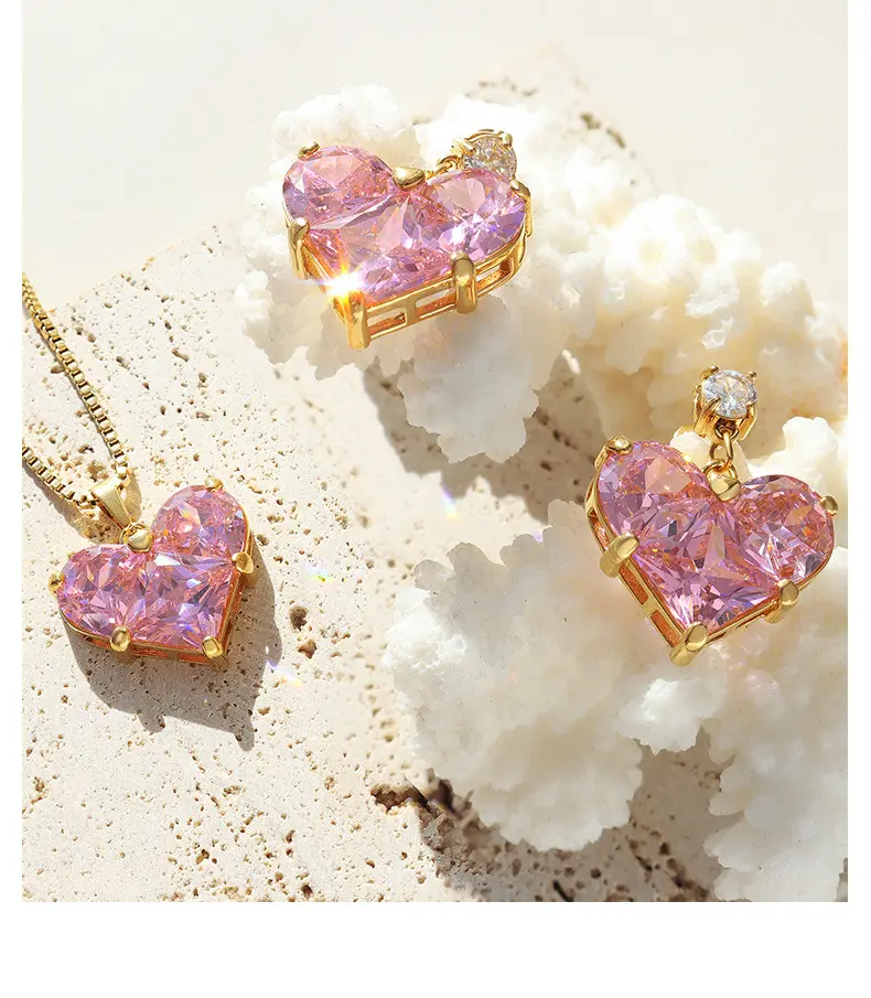 Pink Heart Diamond Pendant Set Designer Heart Zircon Earring Necklace