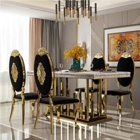 Ensemble de table à manger de luxe au design moderne, de qualité supérieure, avec base rectangulaire en acier inoxydable et plateau en marbre