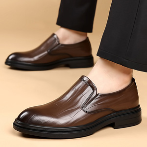 Men Leather Loafers <b>Round</b> Toe Slip-On <b>Cushioned</b> Rubber Outsole Autumn Wedding Dress Shoes - Product Image 2