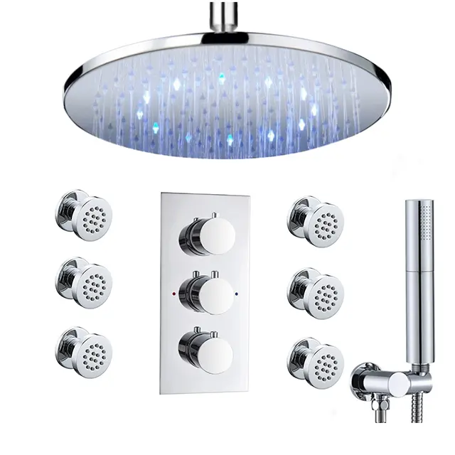 Gibo 12 inch Rainfall Shower Faucet Set Wall Mounted Bath Shower Waterfall LED Light Mixer Tap Body Massage Jet Shower Head