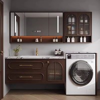 Meuble de salle de bain en bois massif avec vasque en céramique sans joint, meuble-lavabo pour machine à laver, armoire à miroir LED et coiffeuse