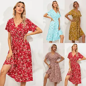 The latest design of women's Europe and Europe station cross-border summer small floral print short sleeve dress