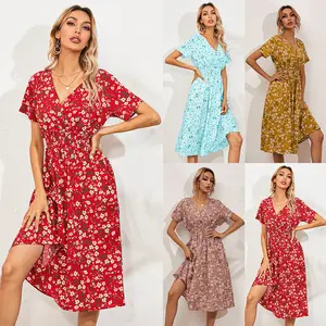 Vestido de manga corta con estampado floral pequeño para mujer, el último diseño de Europa y Europa