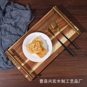 Bandeja de Servir de Madera de Acacia con Asas de Metal, Diseño de Rayas, Color Quemado, para Café y Té en Hoteles - Product Image 5