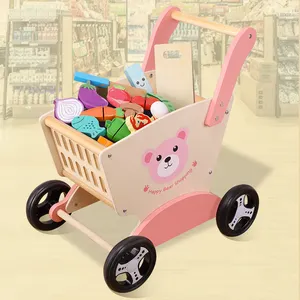 新しいモンテッソーリ木製ベビーカーかわいいクマベビーウォーカースーパースーパーショッピングカート子供の教育玩具
