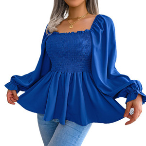 Blusa Elegante Juvenil, Blusa Informal <span class=keywords><strong>de</strong></span> Cuello Cuadrado y Manga Larga, Camisa <span class=keywords><strong>de</strong></span> Gasa Elegante, Cintura Elástica Ajustada, Camisas <span class=keywords><strong>de</strong></span> Talla Grande - Product Image 1