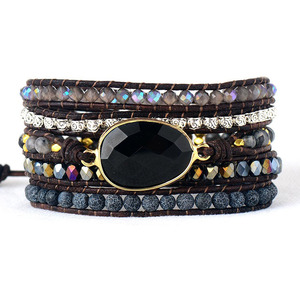 Bracelet vintage en corde de cuir de vachette perlé, agate noire, tissé à la main, 5 brins, bijou unisexe, cadeau - Product Image 5