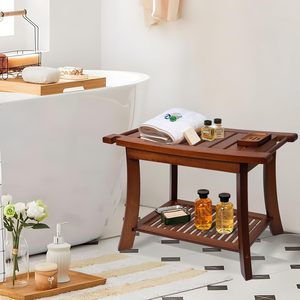 Tabouret de salle de bain en teck Ruoyi 60x30x45cm avec rangement double couche, siège de douche avec porte-serviettes, antidérapant, pour baignoire - Product Image 2