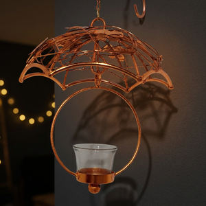 <b>Copper</b> Finish Umbrella Shape Hanging <b>Lantern</b> With Glass Candle Holder For Home Decoration - Product Image 1