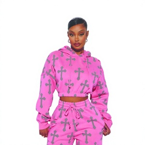 Women's Pink Cross Printed Fleece Hoodie Set Full Sleeve Loose Fit Streetwear Two Piece Outfit All Seasons - Product Image 3