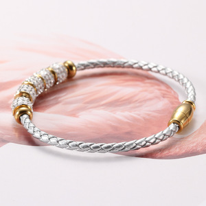 Crystal <b>Bracelet</b> Women's Silver <b>Gold</b> Braided Leather Magnetic Clasp Micro Pave <b>Beads</b> Everyday Wear Jewelry AB1184 - Product Image 5