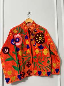 Handmade Sujani Embroidered Knitted Breathable Cotton <b>Quilted</b> Bomber Jacket Boho Folk Art Sustainable Winter Outerwear - Product Image 5