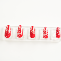 Uñas Postizas Rojas con Copos de Nieve Navideños, Uñas Postizas Cortas en Forma de Ataúd, Puntas de Uñas Reutilizables para Decoración Navideña