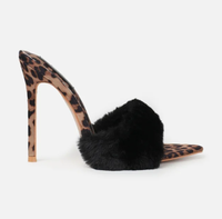 Nouvelle mode d'été mules sexy à talons hauts en fausse fourrure léopard noir sandales à talons aiguilles chaussures