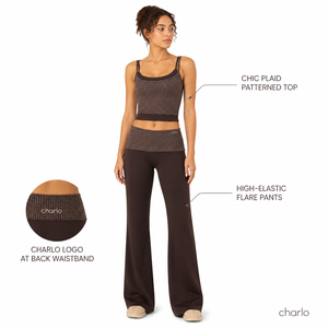 Ensemble de yoga et de sport pour femmes Charlo, haut à motifs chic et pantalon évasé à haute élasticité, vente en gros, personnalisation OEM, en vrac, GCC REACH - Product Image 2