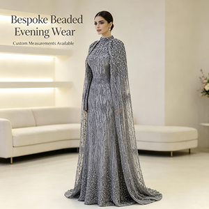 <span class=keywords><strong>Robe</strong></span> Abaya Maxi <span class=keywords><strong>de</strong></span> Soirée Modeste pour Femme, Personnalisée OEM, Luxe, Gris Argenté, Entièrement Brodée <span class=keywords><strong>de</strong></span> Paillettes et Perles, Manches Cape, Col Montant, Style Musulman - Product Image 1