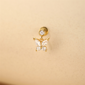 Piercing clou d'oreille 12x8mm en argent 925 plaqué or 18K avec zircon et franges papillon pour cartilage, hélix, tragus - Product Image 3